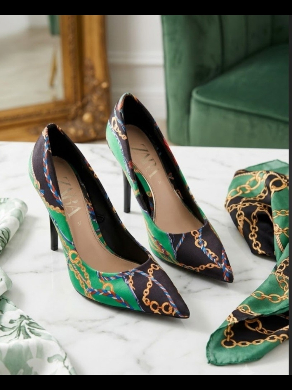Zara Green & Black Chain-Print Pointed Pumps
